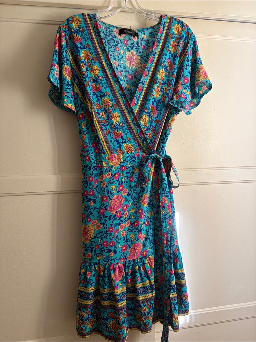 Jessica Teal Floral Wrap Dress with Tie